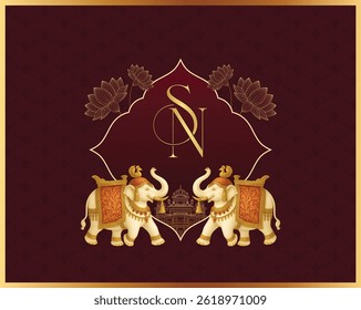 Logotipo elegante do casamento com elefantes, lótus e iniciais elegantes