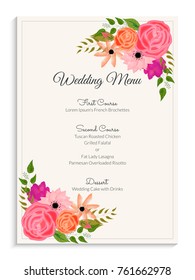 Elegant wedding menu card design, decorated with colorful watercolor flowers.