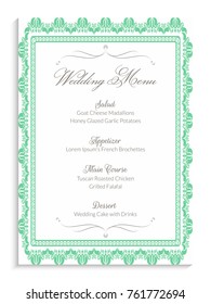 Elegant wedding menu card design, decorated with green frame.