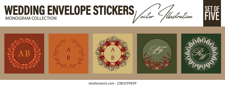 Elegant Wedding Monogram collection in fall colors. Set of five Stickers and Seal with floral ornaments for Wedding Envelope with bride and groom's initials.