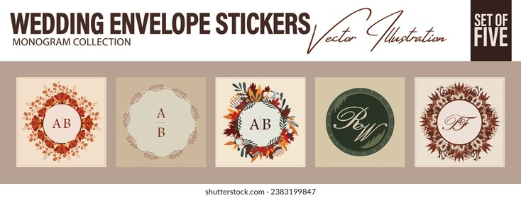 Elegant Wedding Monogram collection in fall colors. Set of five Stickers and Seal with floral ornaments for Wedding Envelope with bride and groom's initials.
