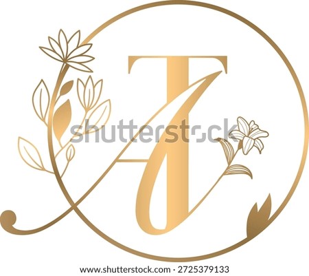 Elegant wedding monogram logo featuring the initials “T” and “A” in a refined gold color palette. The design is enclosed in a circular frame and adorned with delicate floral elements, symbolizing love, unity, and celebration. Ideal for wedding invitations, save-the-date cards, branding, signage, decor, and luxury event stationery. The minimalist yet romantic style makes it suitable for modern, classic, and premium wedding themes.