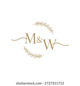 Logotipo elegante do monograma do casamento com iniciais M e W e ornamento do ramo da azeitona