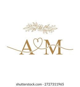 Elegant Wedding Monogram Logo with A and M Initials, Heart Symbol, and Floral Bouquet