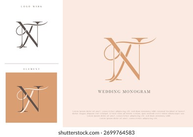 Elegantes Hochzeitsmonogramm TN NT Initialen mit kalligraphischer Blüte