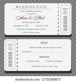 Elegante bilhete de passe de casamento com stub perfurado e RSVP back side. Tipografia clássica, layout de admissão e detalhes do estilo de viagem. Modelo vetorial editável para convites de casamento e cerimônias
