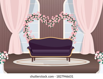 Elegant Wedding Photozone Flat Color Vector Illustration. Elegant Couch. Luxurious Sofa. Floral Arch In Heart Shape. Romantic Photo Zone. Event Hall 2D Cartoon Landscape With Sea On Background