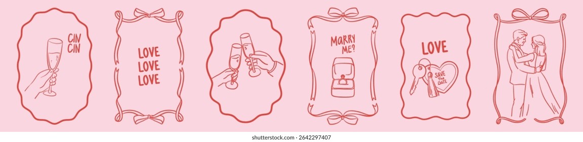 Cartaz de casamento elegante. Mão desenhado romântico bonito apenas casal, champanhe, anel de noivado no estilo de linha de coquette. Ilustrações únicas de vetor de rabiscar esboçadas para convites.	