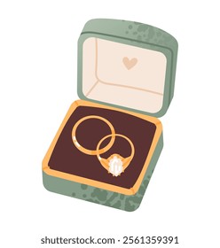 Elegant wedding rings in box, with decorative elements. Beauty and romance. Flat vector illustration