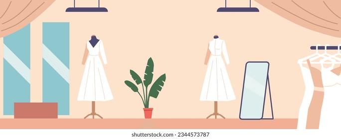 Elegant Wedding Salon Interior With Dresses on Mannequins, Mirror, Soft Pastel Colors, And Luxurious Furnishings