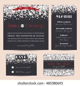 Elegant wedding set, decorated with glowing glitter.