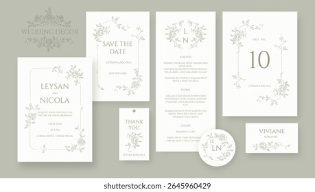 Elegant wedding set. Hand drawn roses border and frame pattern. Place cards, wedding invitation, table number, save the date, thank you card, menu, sticker.