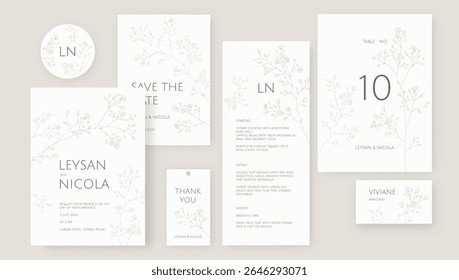 Elegant wedding set. Hand drawn gypsophila of twigs. Place cards, wedding invitation, table number, save the date, thank you card, menu, sticker.