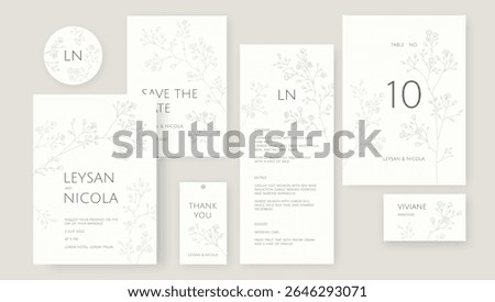 Elegant wedding set. Hand drawn gypsophila of twigs. Place cards, wedding invitation, table number, save the date, thank you card, menu, sticker.