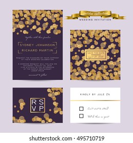 Elegant wedding set with rsvp and save the date cards, decorated with golden glitter.