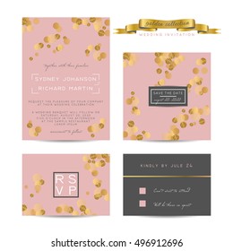 Elegant wedding set with rsvp and save the date cards, decorated with golden glitter.