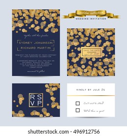 Elegant wedding set with rsvp and save the date cards, decorated with golden glitter.