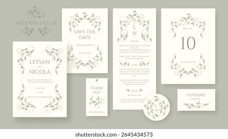 Elegant wedding set. Victorian border and frame pattern. Place cards, wedding invitation, table number, save the date, thank you card, menu, sticker.