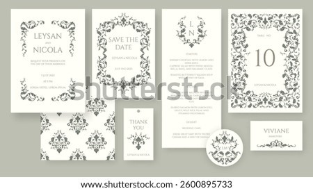 Elegant wedding set. Victorian border and frame pattern. Place cards, wedding invitation, table number, save the date, thank you card, menu, sticker.
