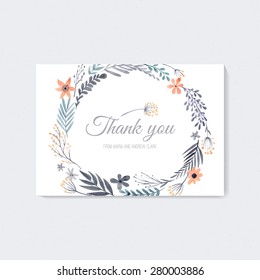 Elegant wedding thank you card design with hand painted watercolor flowers. Artistic floral summer or spring bridal design. 