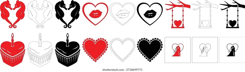 Gráficos elegantes del tema de la boda que incluyen el corazón del caballito de mar besan los labios, el postre de la magdalena y el Vector de la silueta del novio de la novia fijados para los anuncios matrimoniales y las invitaciones de la fiesta del aniversario