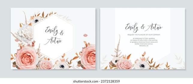 Elegant wedding vector invite. Golden, floral geometrical frame. Peach pink, white rose, anemone flowers, fall leaves, orange fern bouquet wreath. Editable watercolor autumn color card template design