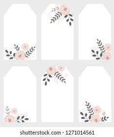 Elegant Wedding Vector Tags Set. Pink Abstract Flowers, Gray Twigs and Leaves. Cute Infantile Style Floral Design. White Background. Pink Bouquets Isolated on a White Background. Tags Without Text.