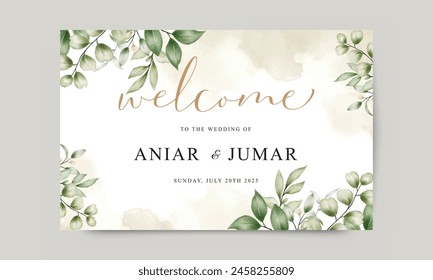 Elegant wedding welcome sign with beautiful watercolor leaves