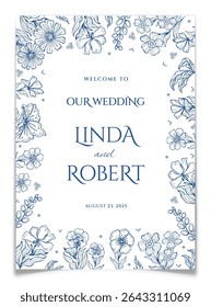 Elegant wedding welcome sign with hand drawn blue floral border in toile de jouy style. Greeting banner for marriage celebration with engraved flowers. Chinoiserie pattern concept. Vector illustration