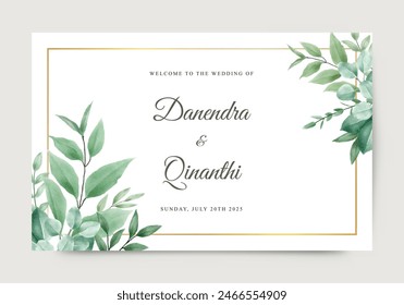 Elegant wedding welcome sign template with green leaves