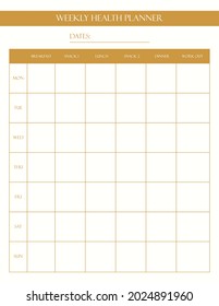 Elegant weekly nutrition planner, health planner. Menu, food, To Do, schedule, self-care, to-do list.