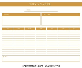 Elegant weekly planner, notebook. To Do, meeting schedule, self-care, to-do list.