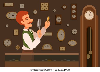 An elegant well-dressed man with a mustache in a vest holding a wristwatch, evaluates them through a magnifying glass, smiling. Wall with clock. Vector cartoon flat style illustration with background.