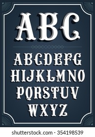 Elegant western slab serif signboard 3D font white letters collection | Cool retro vector volumetric alphabet characters with shadows on dark background