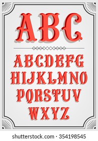 Elegant western slab serif signboard 3D font red letters collection | Cool retro vector volumetric alphabet characters with shadows on light background