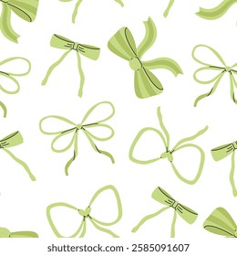 Elegant whimsical hand drawn green color bows seamless pattern. Curly ribbons in trendy, vintage style. Perfect for quirky holiday, wedding, birthday decorations.