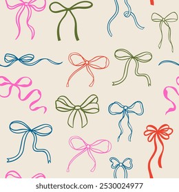 
Elegant whimsical hand-drawn pink blue orange green color bows seamless patterns and wavy squiggle curly ribbons in trendy, vintage styles. Perfect for quirky holiday, wedding, birthday decorations.