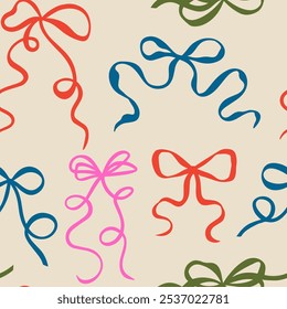 
Elegant whimsical hand-drawn pink blue orange green color bows seamless patterns and wavy squiggle curly ribbons in trendy vintage styles. Perfect for quirky holiday, wedding birthday gift decoration