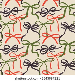 
Elegant whimsical hand-drawn pink blue orange green color bows seamless patterns and wavy squiggle curly ribbons in trendy, vintage styles. Perfect for quirky holiday, wedding, birthday gift decor