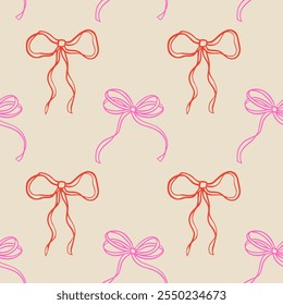 
Elegant whimsical hand-drawn pink blue orange green color bows seamless patterns and wavy squiggle curly ribbons in trendy, vintage styles. Perfect for quirky holiday, wedding, birthday gift decor