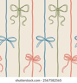 
Elegant whimsical hand-drawn pink blue orange green color bows seamless patterns and wavy squiggle curly ribbons in trendy, vintage styles. Perfect for quirky holiday, wedding, birthday gift decor