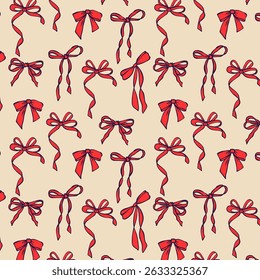Elegant whimsical hand-drawn pink blue orange green color bows seamless patterns and wavy squiggle curly ribbons in trendy, vintage styles. Perfect for quirky holiday, wedding, birthday decorations.