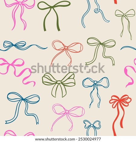 
Elegant whimsical hand-drawn pink blue orange green color bows seamless patterns and wavy squiggle curly ribbons in trendy, vintage styles. Perfect for quirky holiday, wedding, birthday decorations.