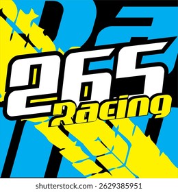 Elegant white 265 number vector and yellow RACING text, speed sticker design, colorful base.