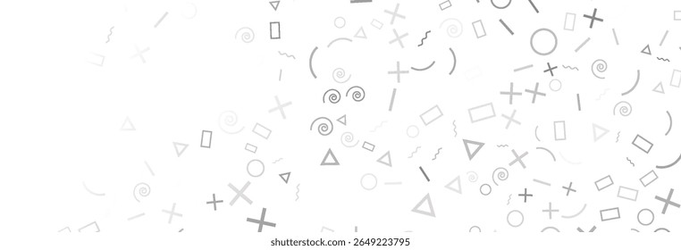Elegant white backdrop featuring soft gray geometric shapes like triangles, circles, spirals, rectangles and crosses scattered across the surface, creating a modern, minimalist aesthetic