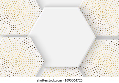 Elegant White background with hexagon geometric shape composition. Minimalist modern design with gold sparkle element