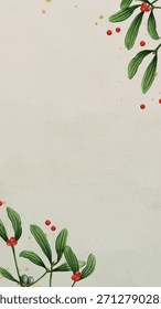 Elegant white background with a subtle texture, featuring green leaves and red berries. The white background adds a festive touch. Christmas background vector.