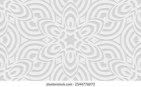 Elegant white background, tribal cover design, banner. Geometric 3D pattern, embossing. Vintage ornaments, arabesques, mandala of the East, Asia, India, Mexico, Aztec, Peru. Ethnic print.