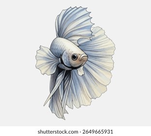 Elegante peixe betta branco com barbatanas fluindo e detalhe realista, perfeito para desenhos com temas aquáticos, ilustrações de animais de estimação ou arte sofisticada inspirada na natureza.