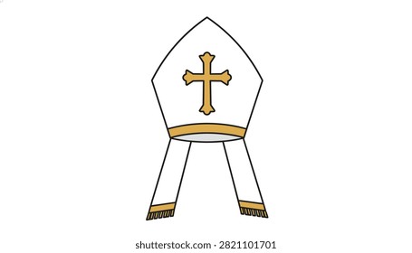 Elegant white bishop miter hat featuring a central golden cross and decorative bands.